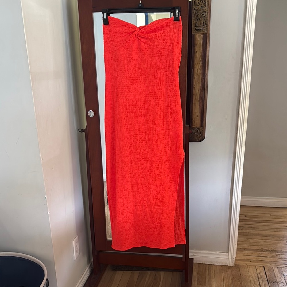 Strapless Bright Orange Maxi Dress with Slit in left side
